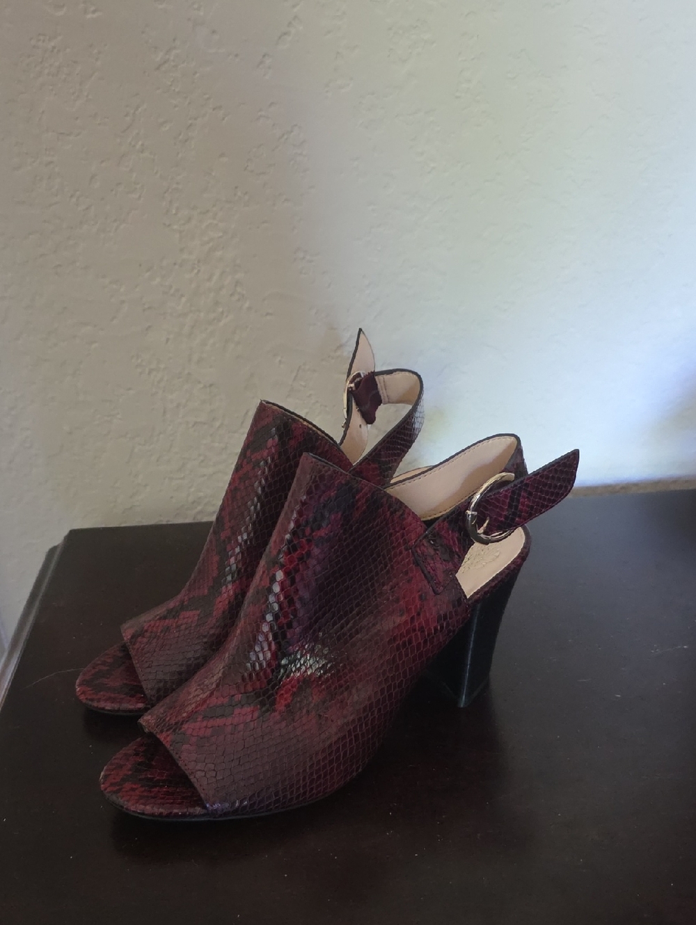 Vince Camuto Burgundy Snake-Print Peep-Toe Slingback Heels